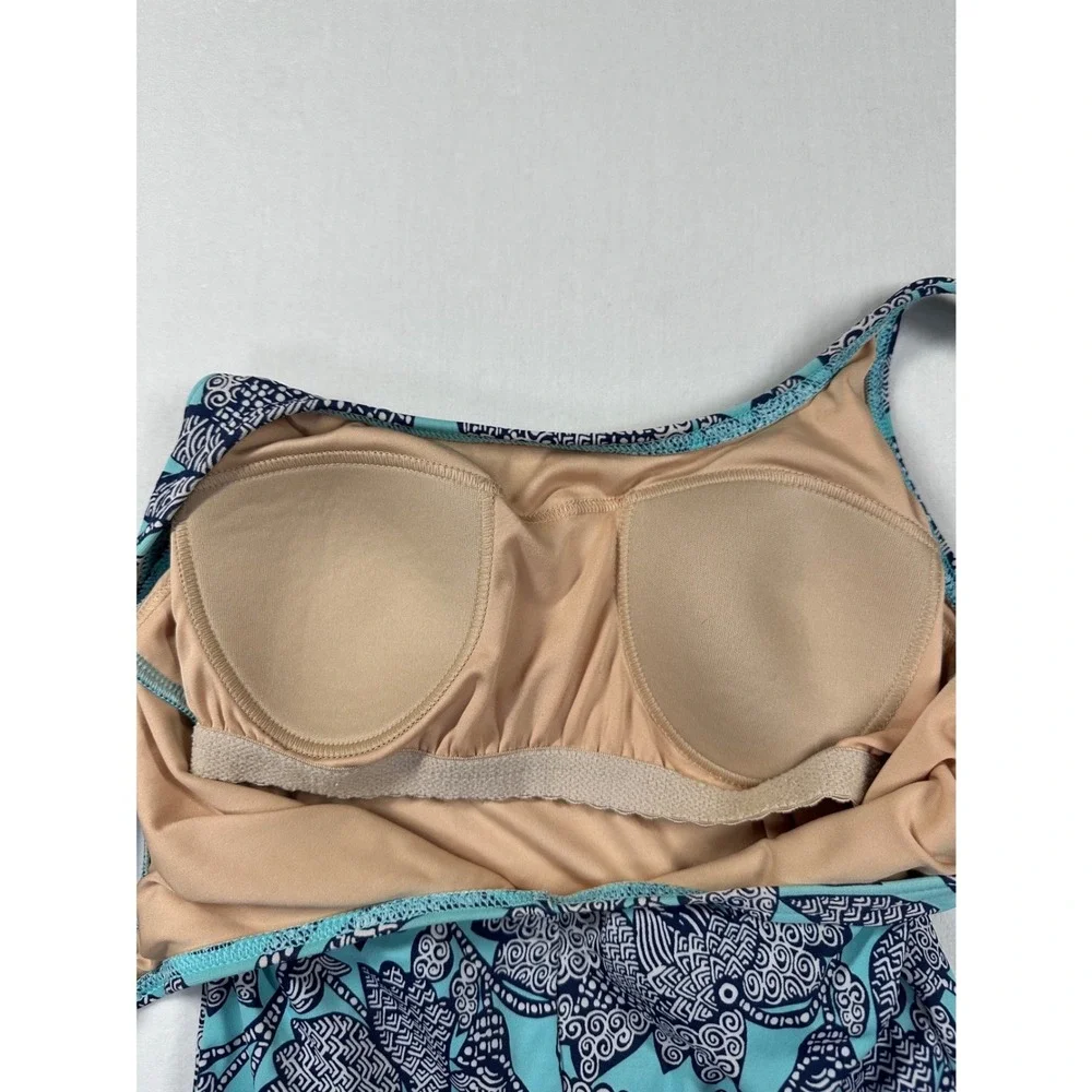 Lands' End One-Piece Swimsuit 8L Blue Teal Floral Scoop‎ Tropical Coastal Beachy